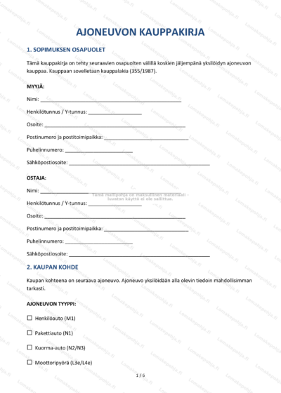 Ajoneuvon kauppakirja, sivu 1, skannattu kopio