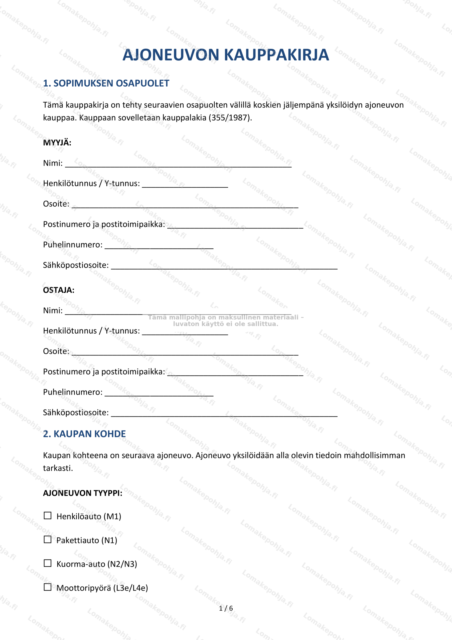 Ajoneuvon kauppakirja – Tulostettava mallipohja