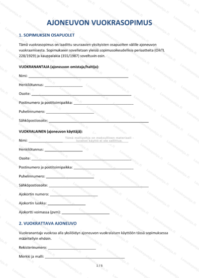 Ajoneuvon vuokrasopimuksen ensimmäinen sivu näkyvissä, tekstikenttiä ja allekirjoituskohtia.