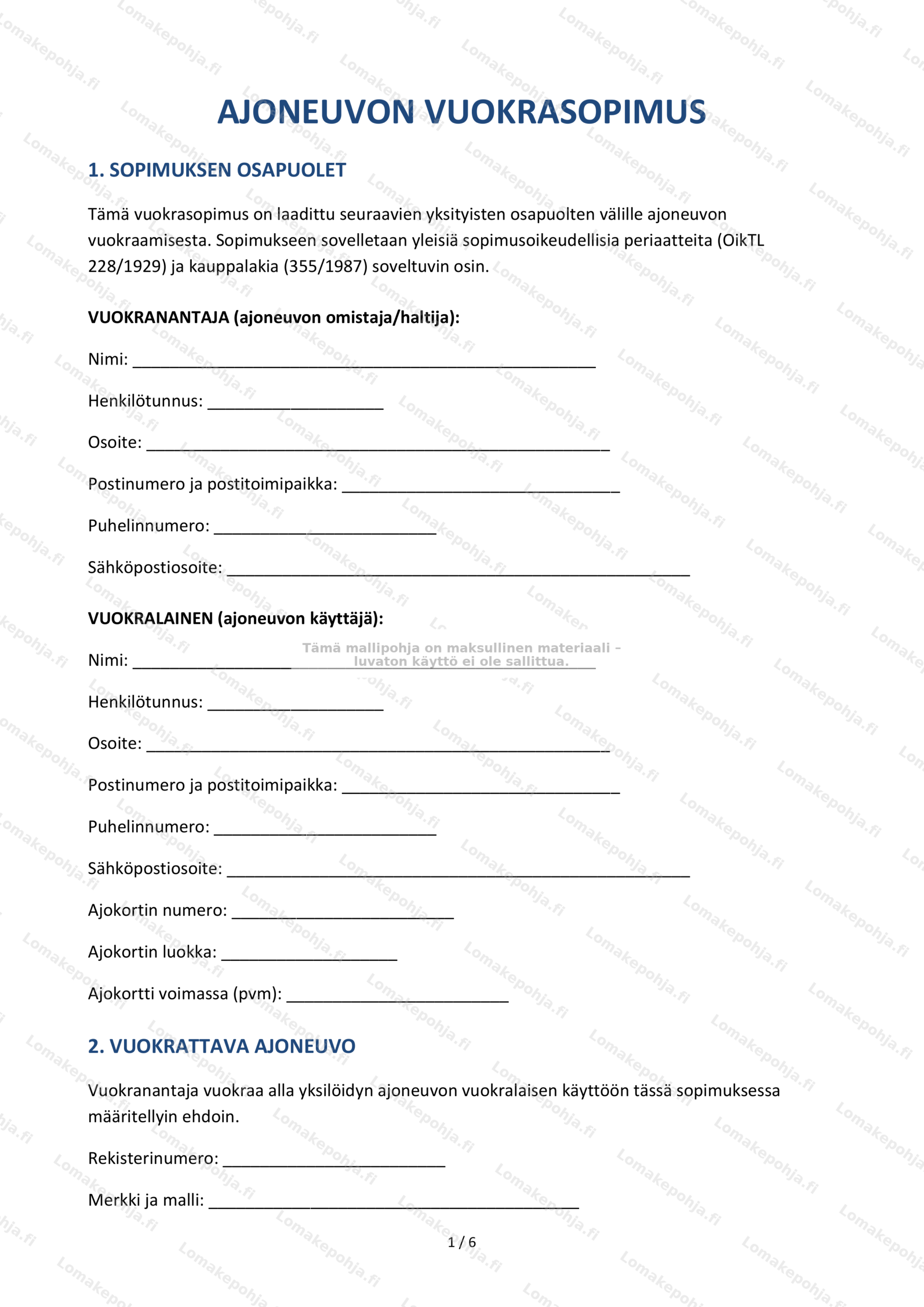 Ajoneuvon vuokrasopimus | Mallipohja