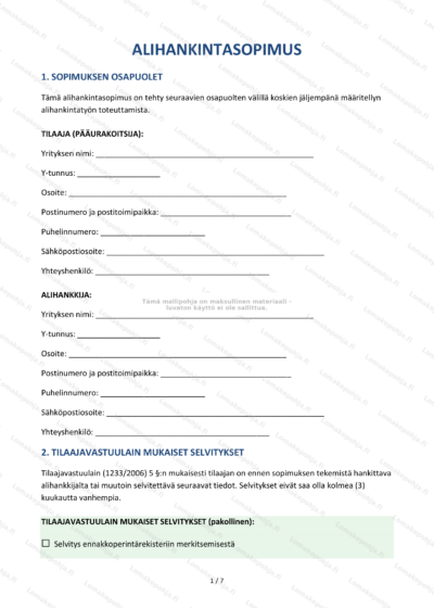 Alihankintasopimuksen sivu 1 - skaalattu versio, näkyvää tekstiä ja allekirjoitusruutuja.