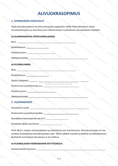 Alivuokrasopimus - ensimmäinen sivu, skannattu kopio asiakirjasta.