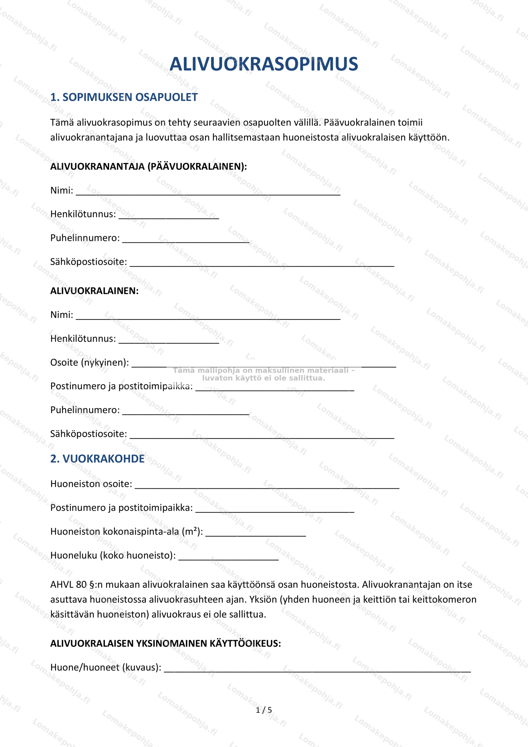 Alivuokrasopimus – Muokattava pohja