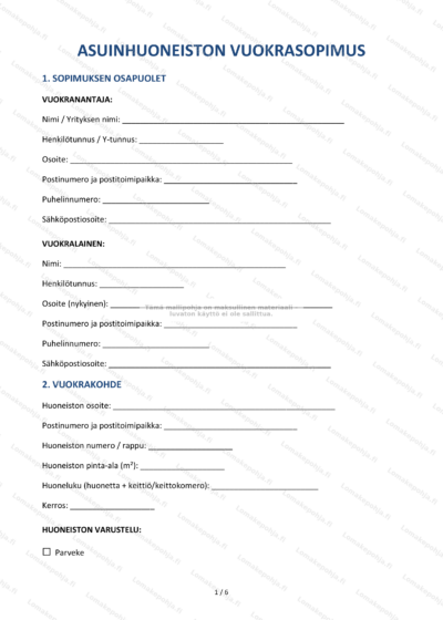 Asuinhuoneiston vuokrasopimuksen ensimmäinen sivu, näkyvää tekstiä ja ehtoja.