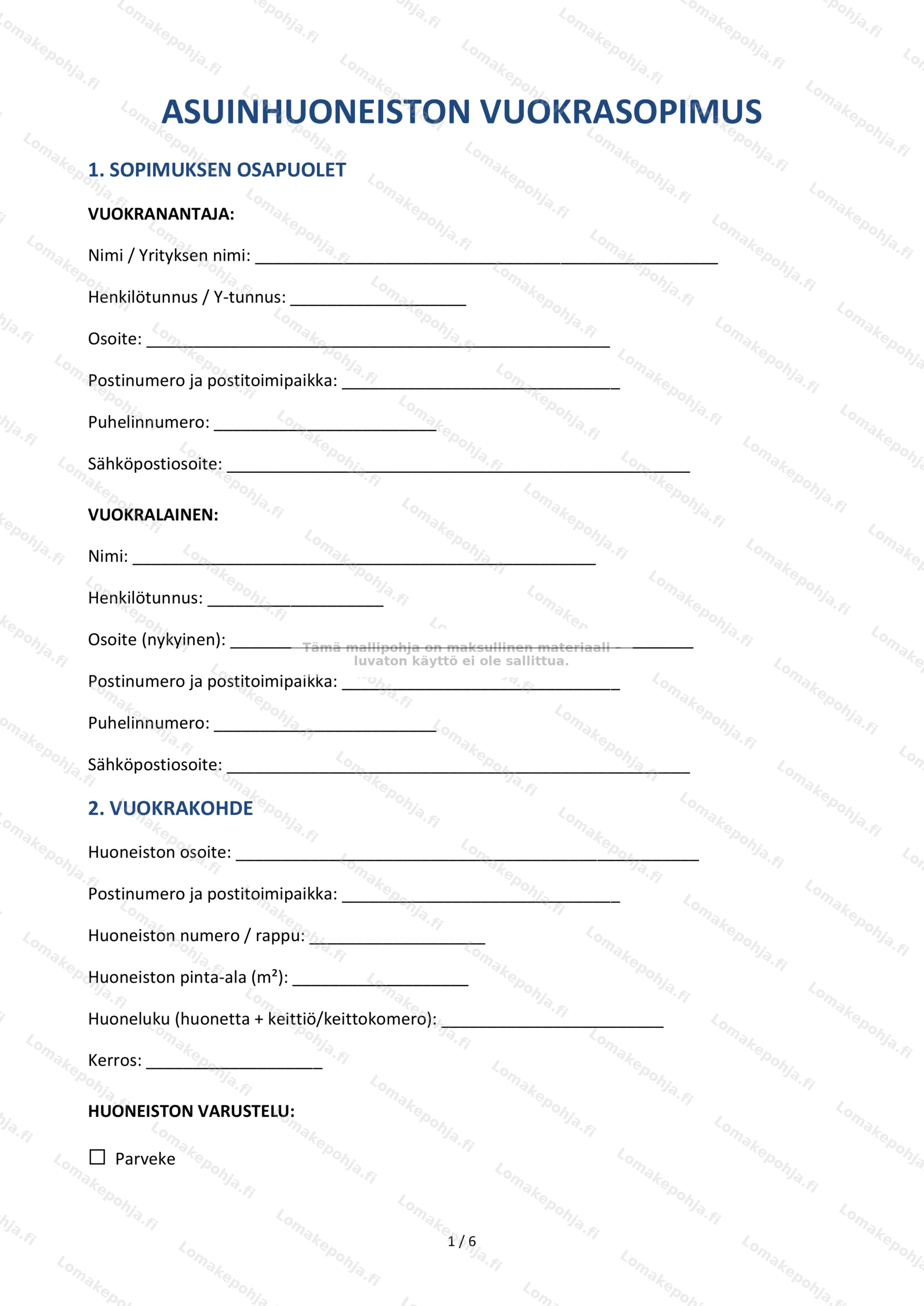 Asuinhuoneiston vuokrasopimus | Lomakepohja