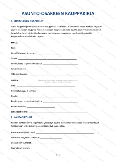 Asunto osakkeen kauppakirja - sivu 1, skannattu, pienennetty.
