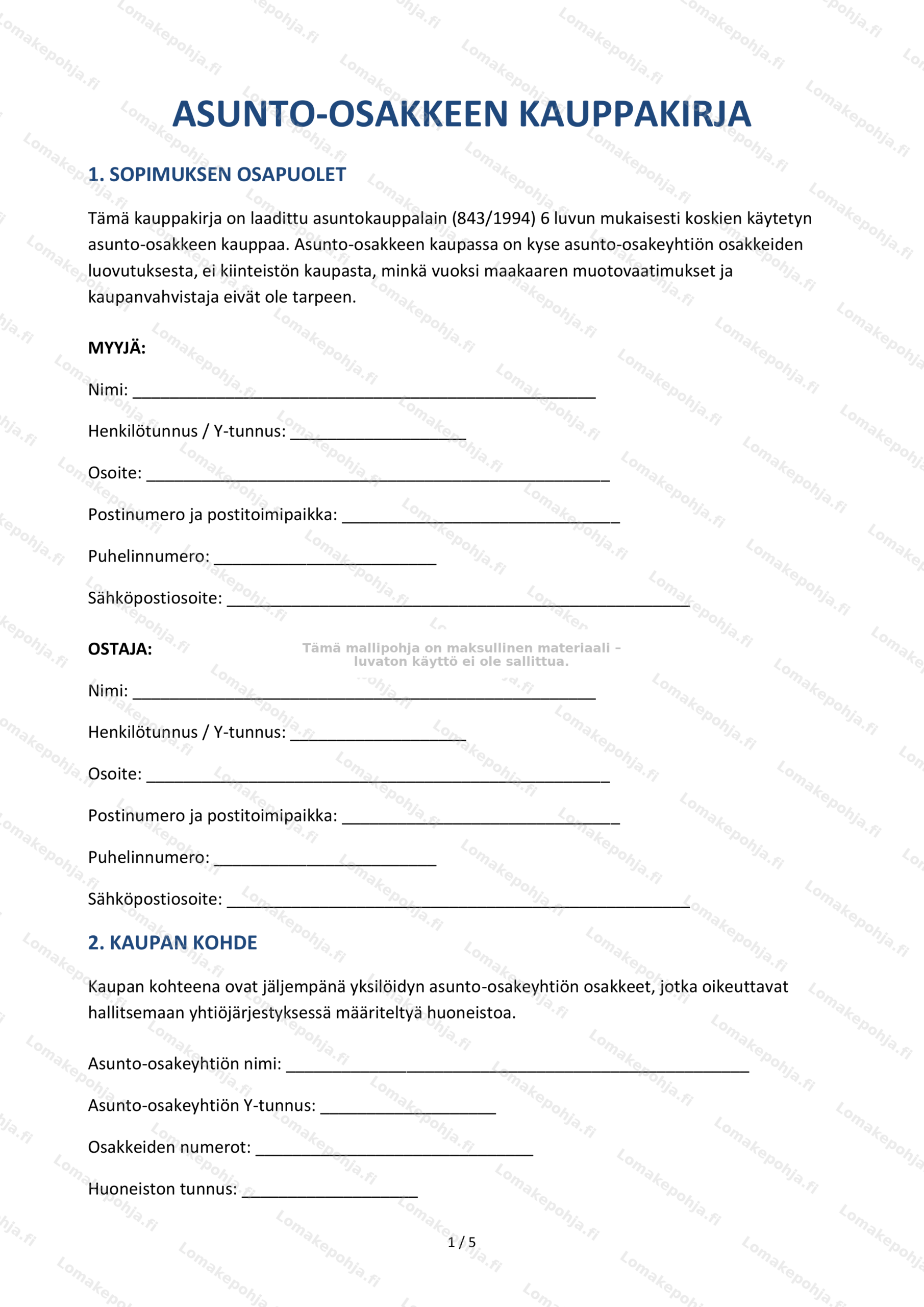 Asunto-osakkeen kauppakirja | Sopimusmalli