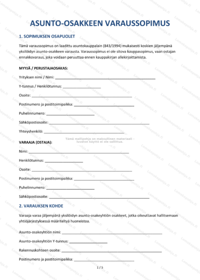 Asunto-osakkeen varaussopimus – ensimmäisen sivun skaalattu dokumenttikuva.
