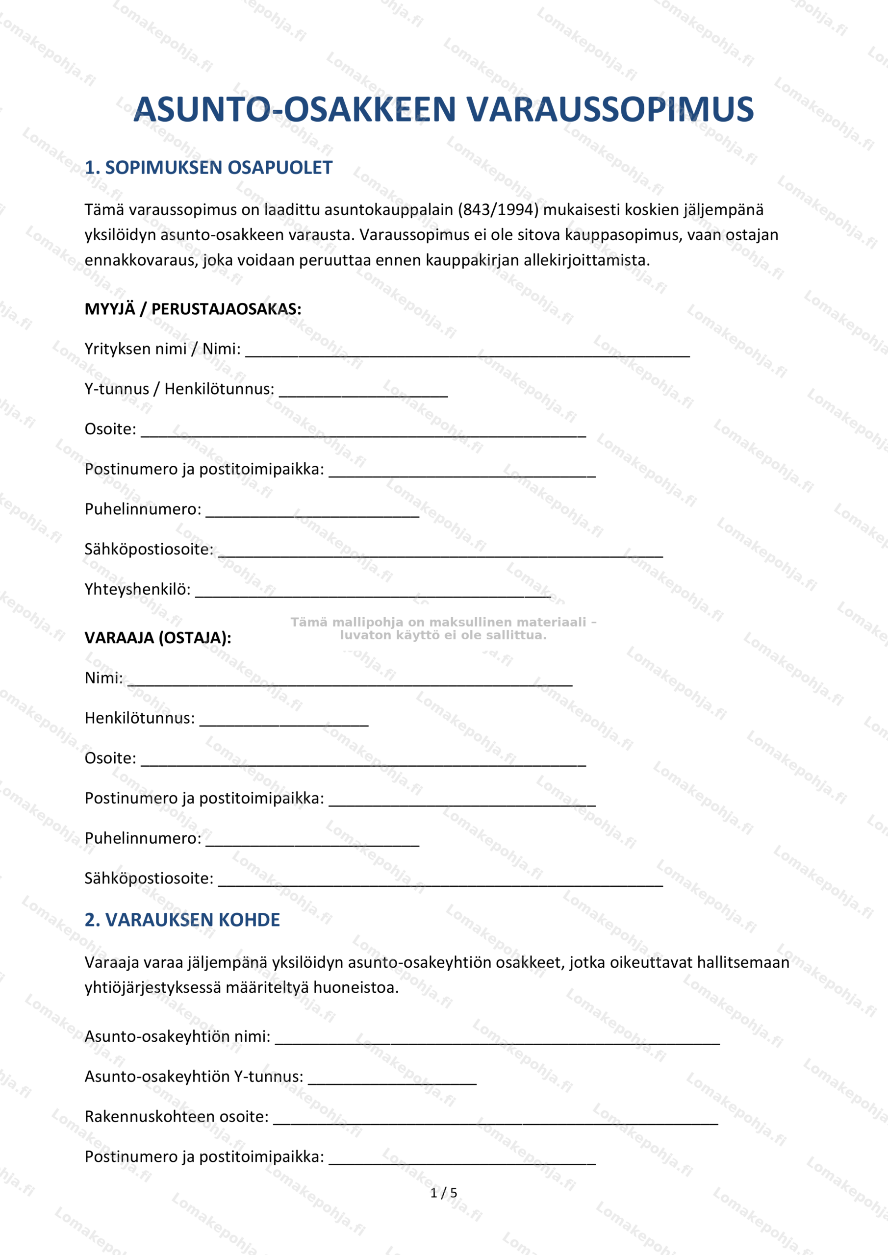 Asunto-osakkeen varaussopimus – Ladattava