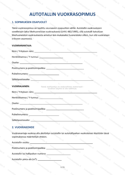 Autotallin vuokrasopimus – sivu 1, skannattu asiakirja.