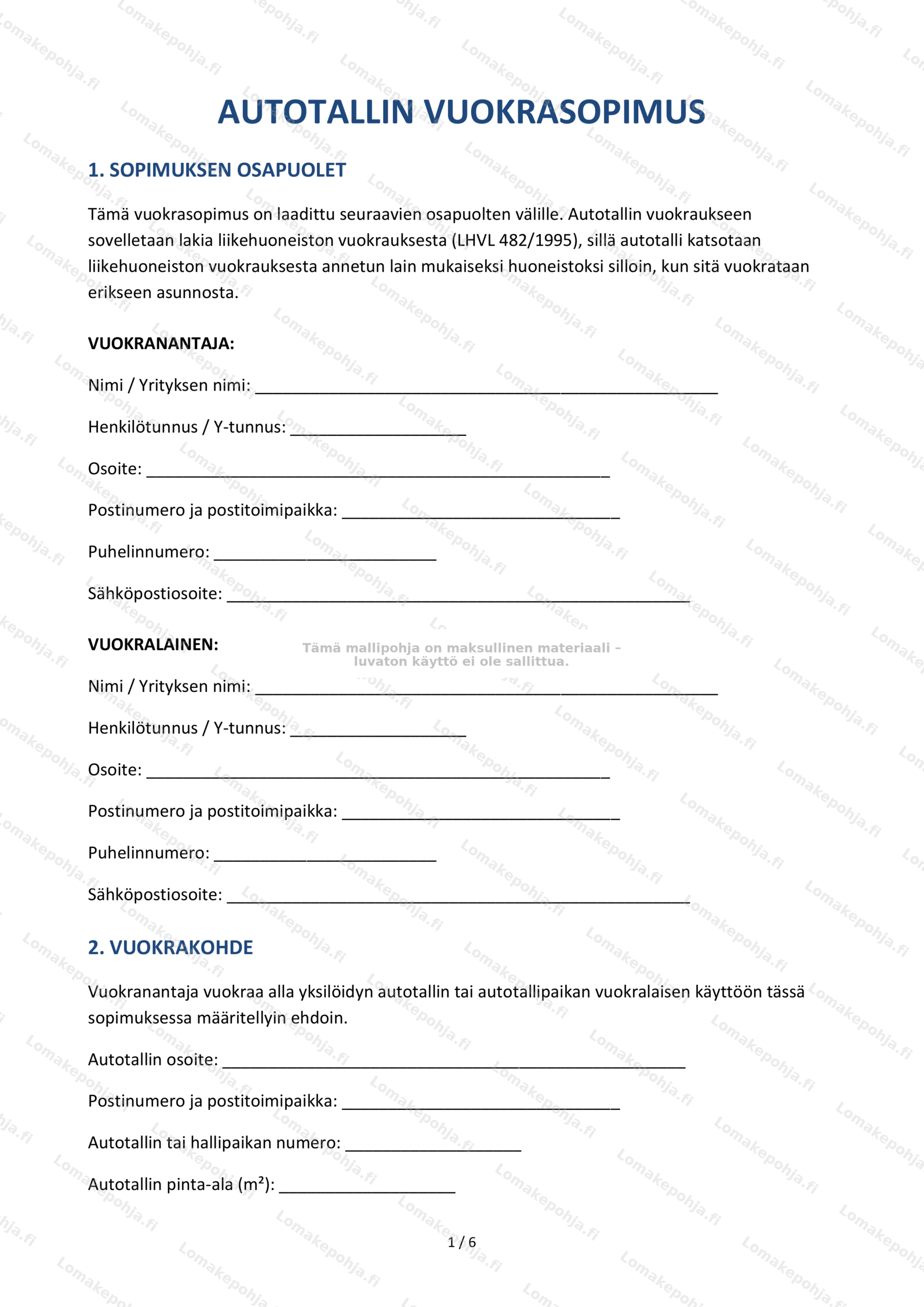 Autotallin vuokrasopimus | Sopimusmalli