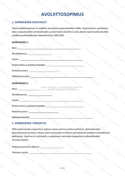 Avoliittosopimusasiakirjan sivu 1, skannattu dokumentti, näkyvillä tekstiä.