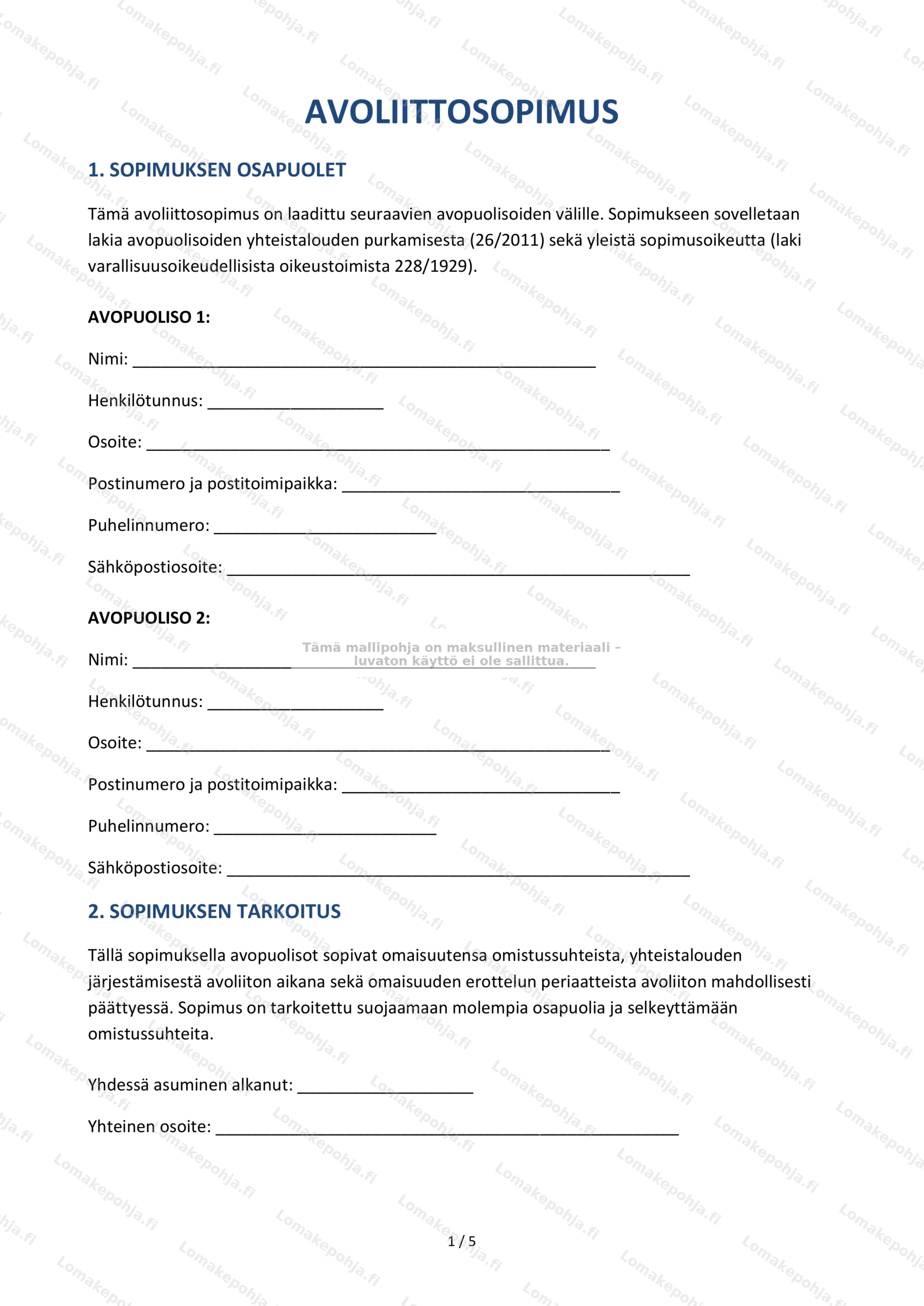 Avoliittosopimus | Lomakepohja