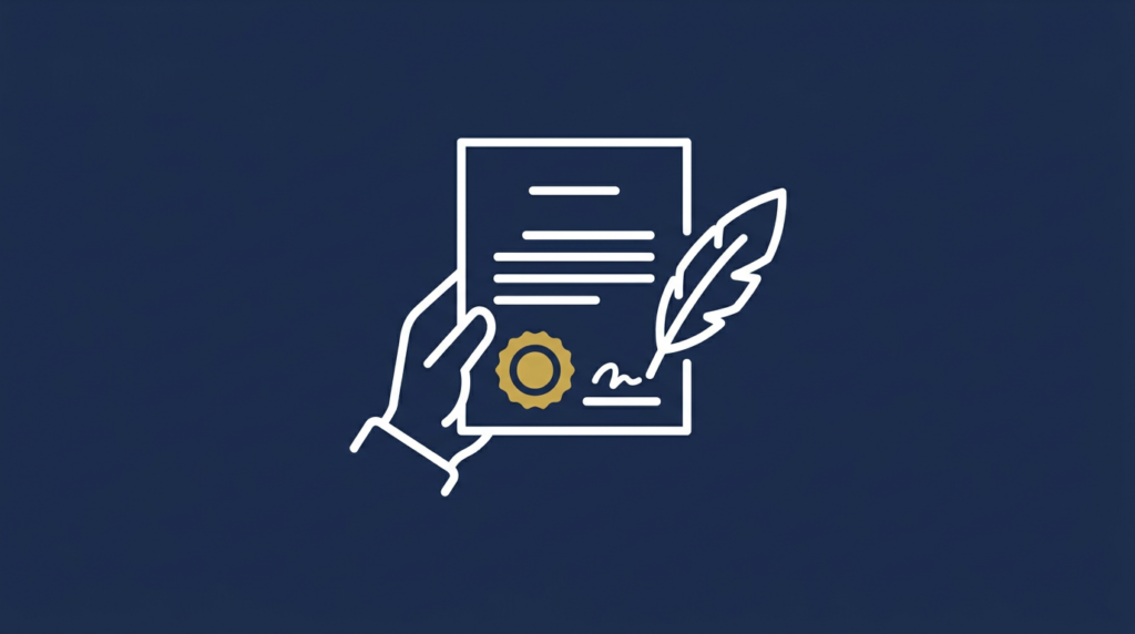 Allekirjoitettuja valtakirjoja pöydällä, mustekynä ja leima vieressä