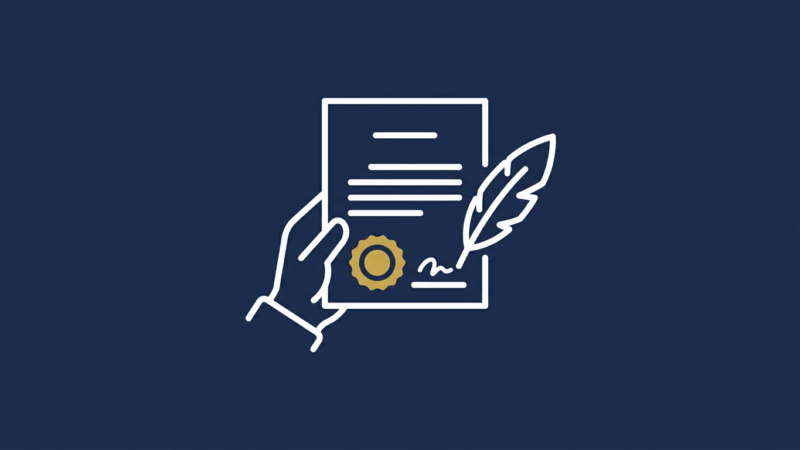 Allekirjoitettuja valtakirjoja pöydällä, mustekynä ja leima vieressä