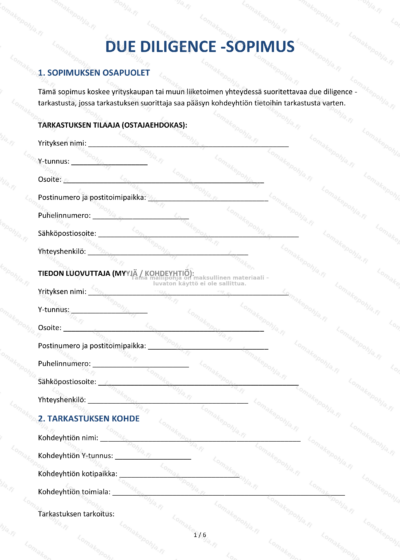 Due diligence -sopimuksen ensimmäinen sivu, näkyvissä sopimusasiakirja (skaalattu).