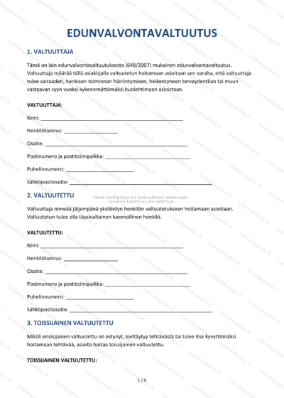 Edunvalvontavaltuutuslomakkeen ensimmäinen sivu: otsikko, täyttökentät ja allekirjoituskohdat.
