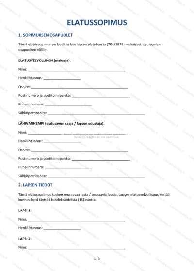 Elatussopimus-asiakirjan ensimmäinen sivu