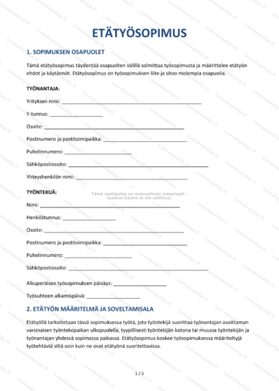 Etätyösopimuksen ensimmäinen sivu, skaalattu versio.