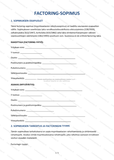 Factoring-sopimus - sivu 1, skaalattu asiakirja.