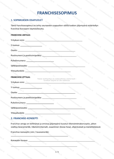 Franchisesopimuksen ensimmäinen sivu, skaalaattu kuva.