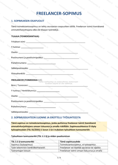 Freelancer-sopimuksen ensimmäinen sivu, jossa näkyy sopimuksen otsikko, ehtoja ja allekirjoitusalueet.