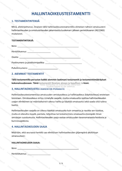 Skanattu ensimmäinen sivu hallintaoikeustestamentti-asiakirjasta.