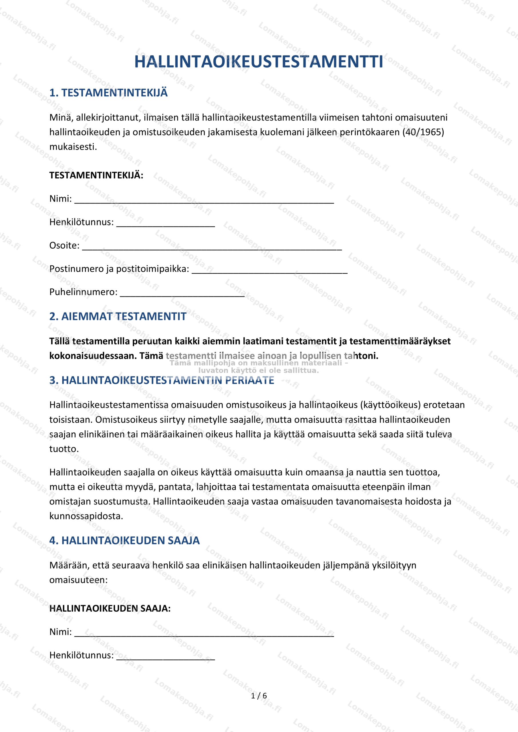 Hallintaoikeustestamentti | Sopimusmalli