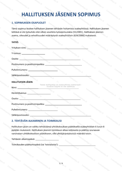 Hallituksen jäsenen sopimus - ensimmäinen sivu, skaalattu kuva