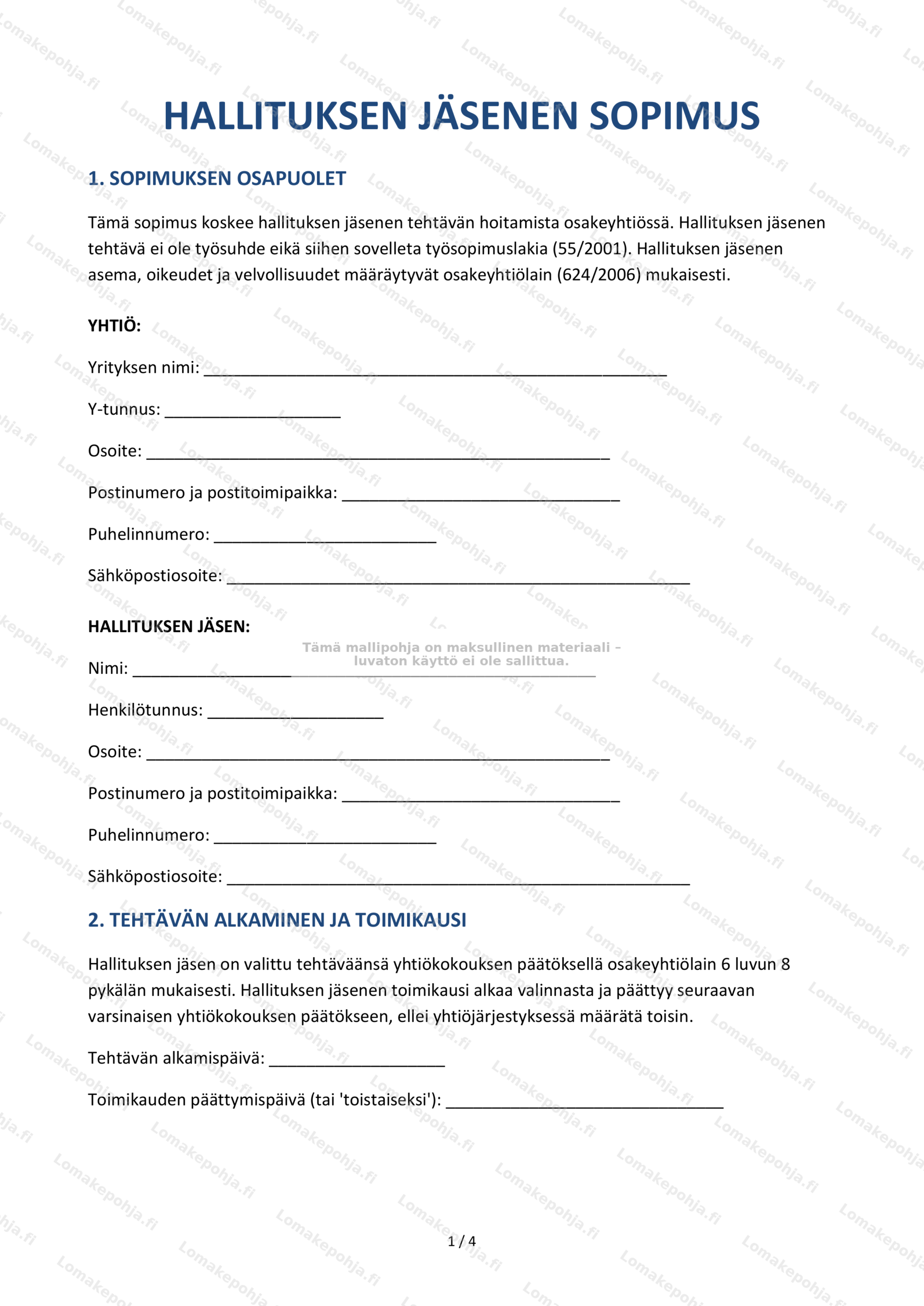 Hallituksen jäsenen sopimus – Mallipohja