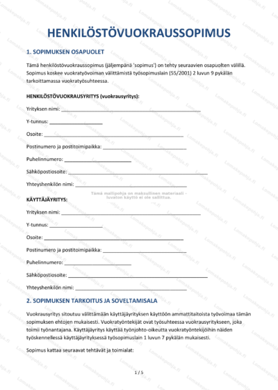 Henkilöstövuokraussopimuksen sivu 1 - skaalattu asiakirja, jossa näkyy tekstiä ja allekirjoitusalueet.