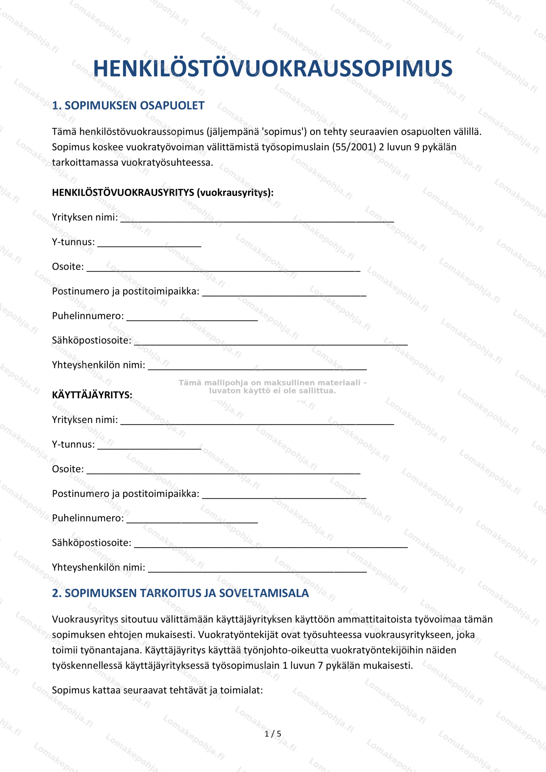 Henkilöstövuokraussopimus — Sopimusmalli