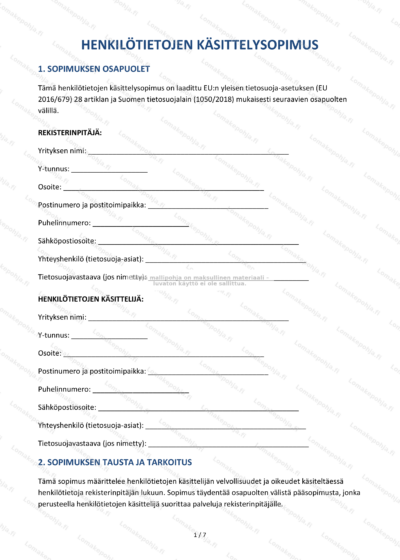 Henkilötietojen käsittelysopimuksen ensimmäinen sivu.