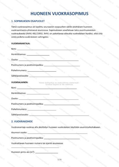 Huoneen vuokrasopimuksen ensimmäinen sivu (skaalattu)