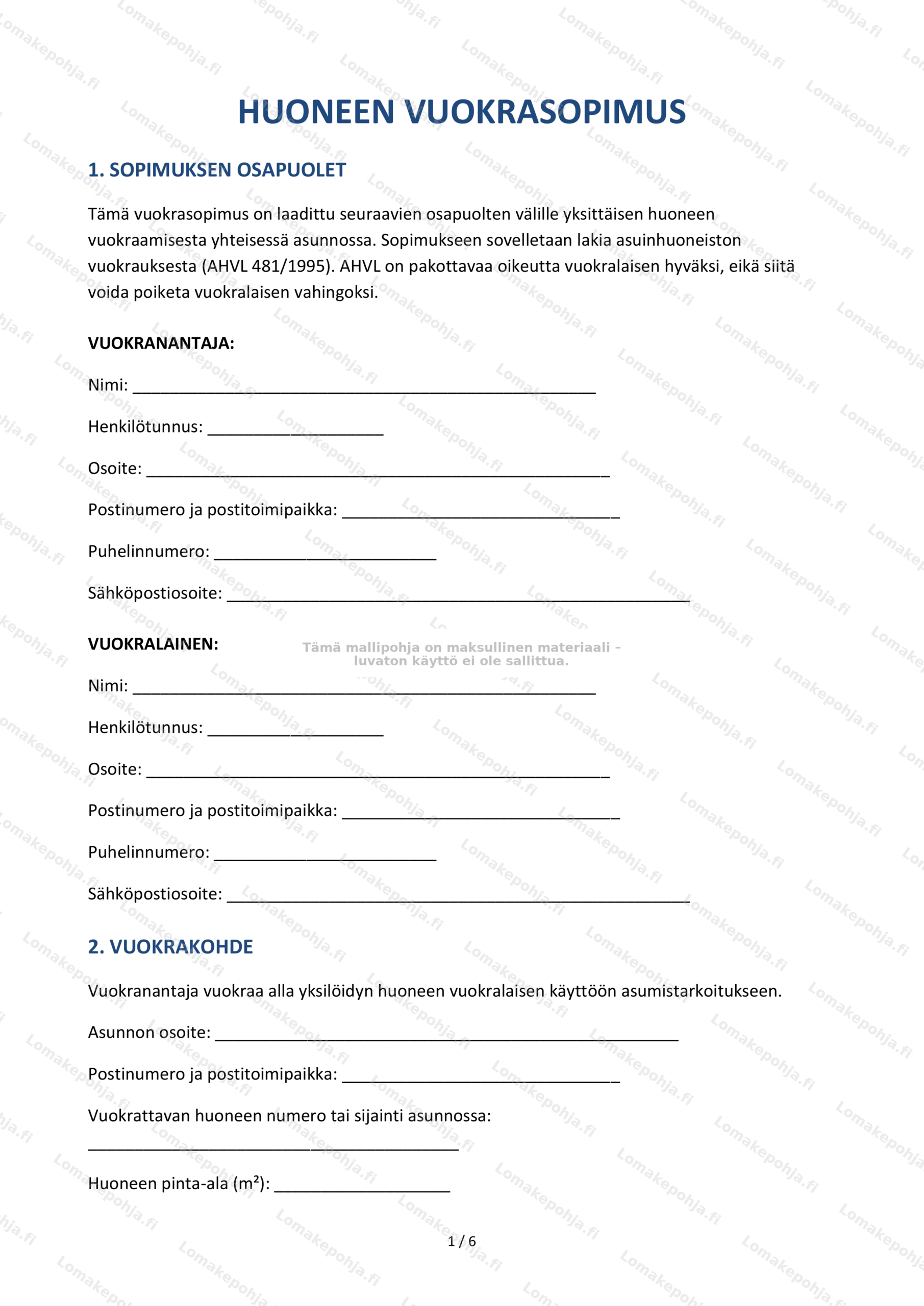 Huoneen vuokrasopimus – Muokattava pohja