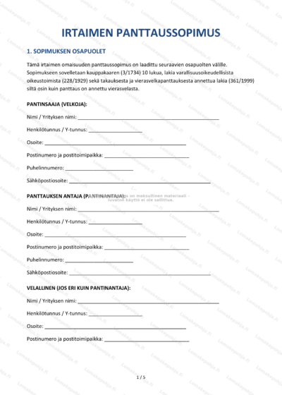 Irtaimen panttaussopimus - sivu 1, skannattu asiakirjasivu