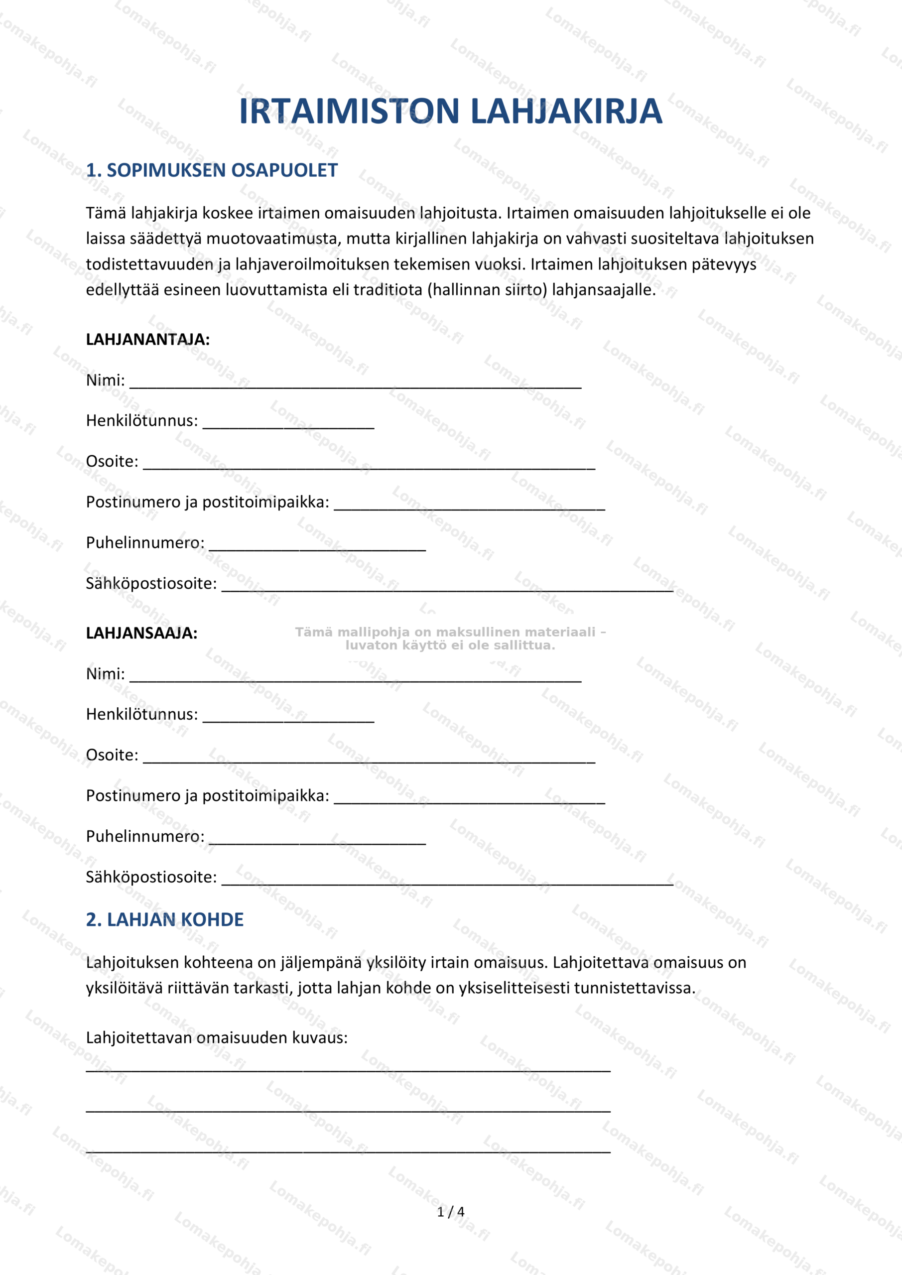 Irtaimiston lahjakirja — Ladattava pohja