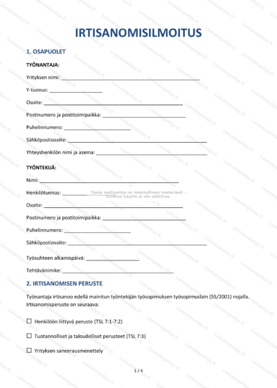 Irtisanomisilmoitus, sivu 1 – skaalattu kuva