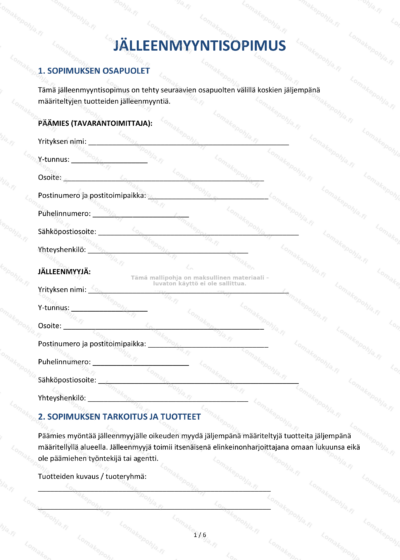 Jälleenmyyntisopimuksen ensimmäinen sivu, skaalattu asiakirja