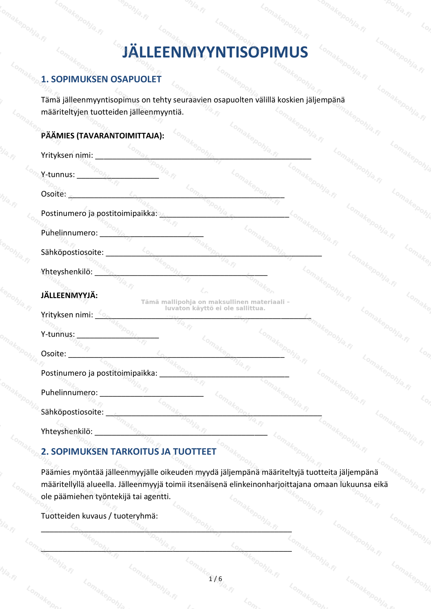 Jälleenmyyntisopimus | Ladattava mallipohja