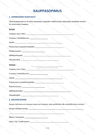 Kauppasopimus, ensimmäinen sivu – skannattu asiakirja, jossa on tekstiä.