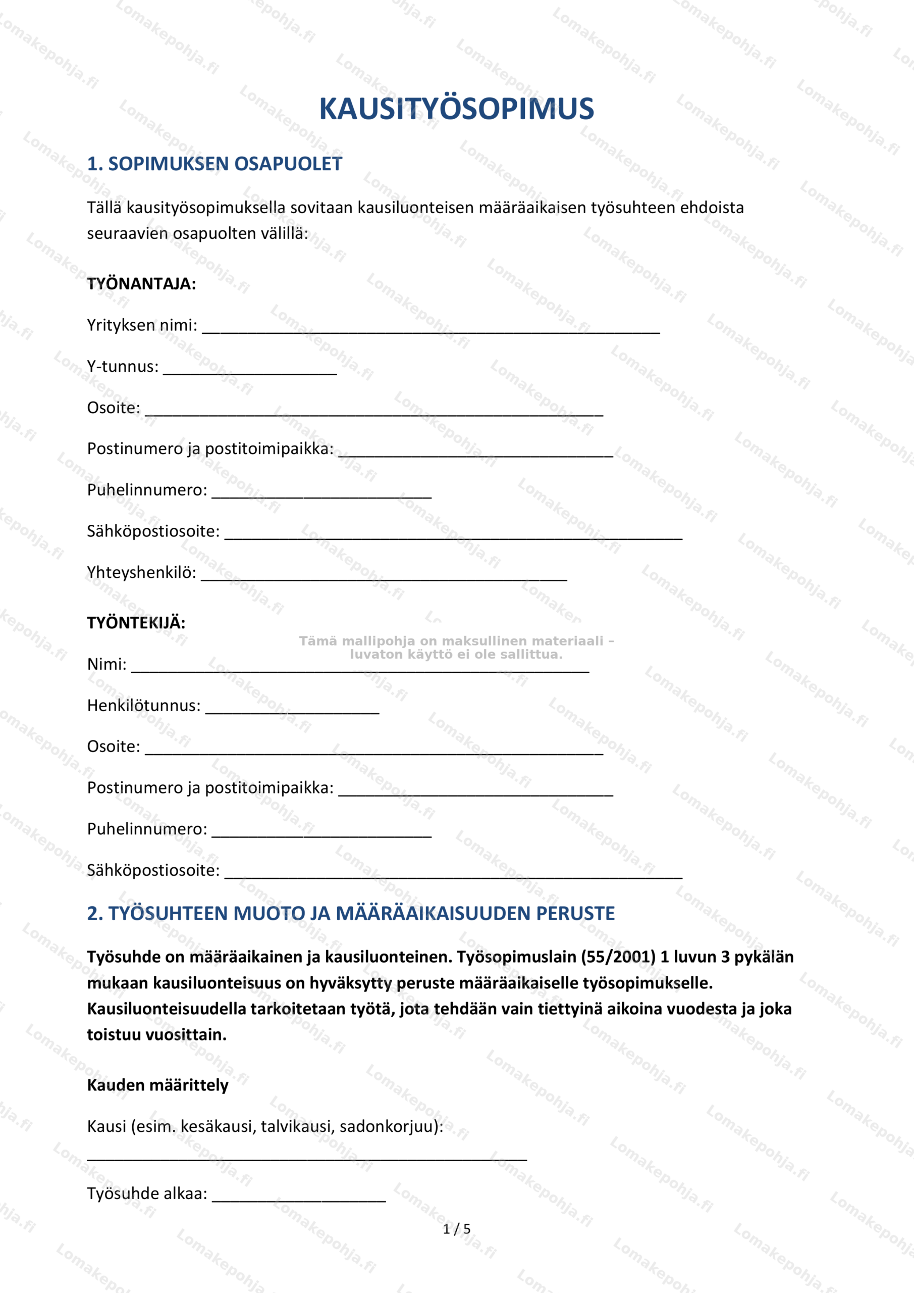 Kausityösopimus – Työsuhteen mallipohja