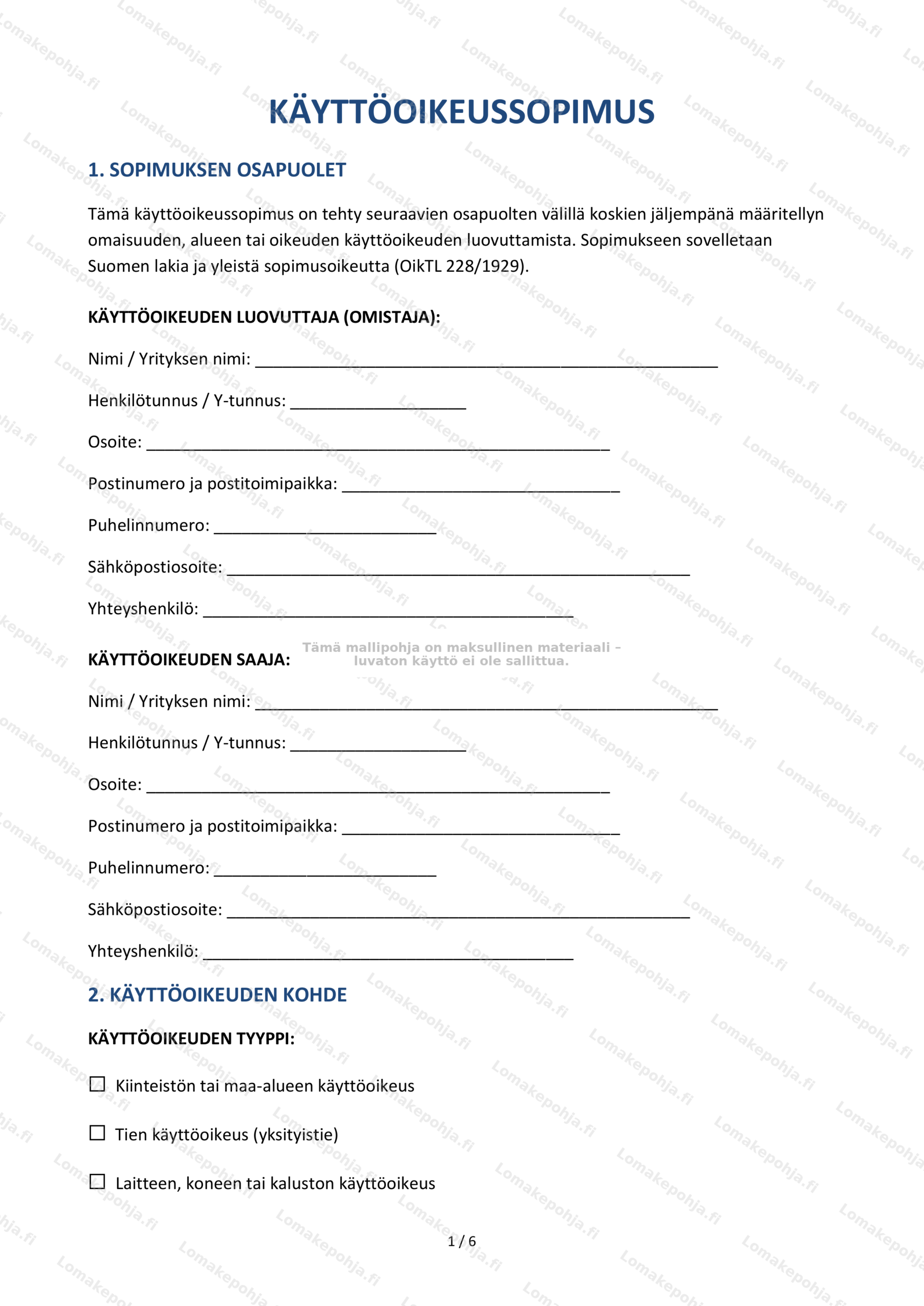 Käyttöoikeussopimus | Lomakepohja ladattavana