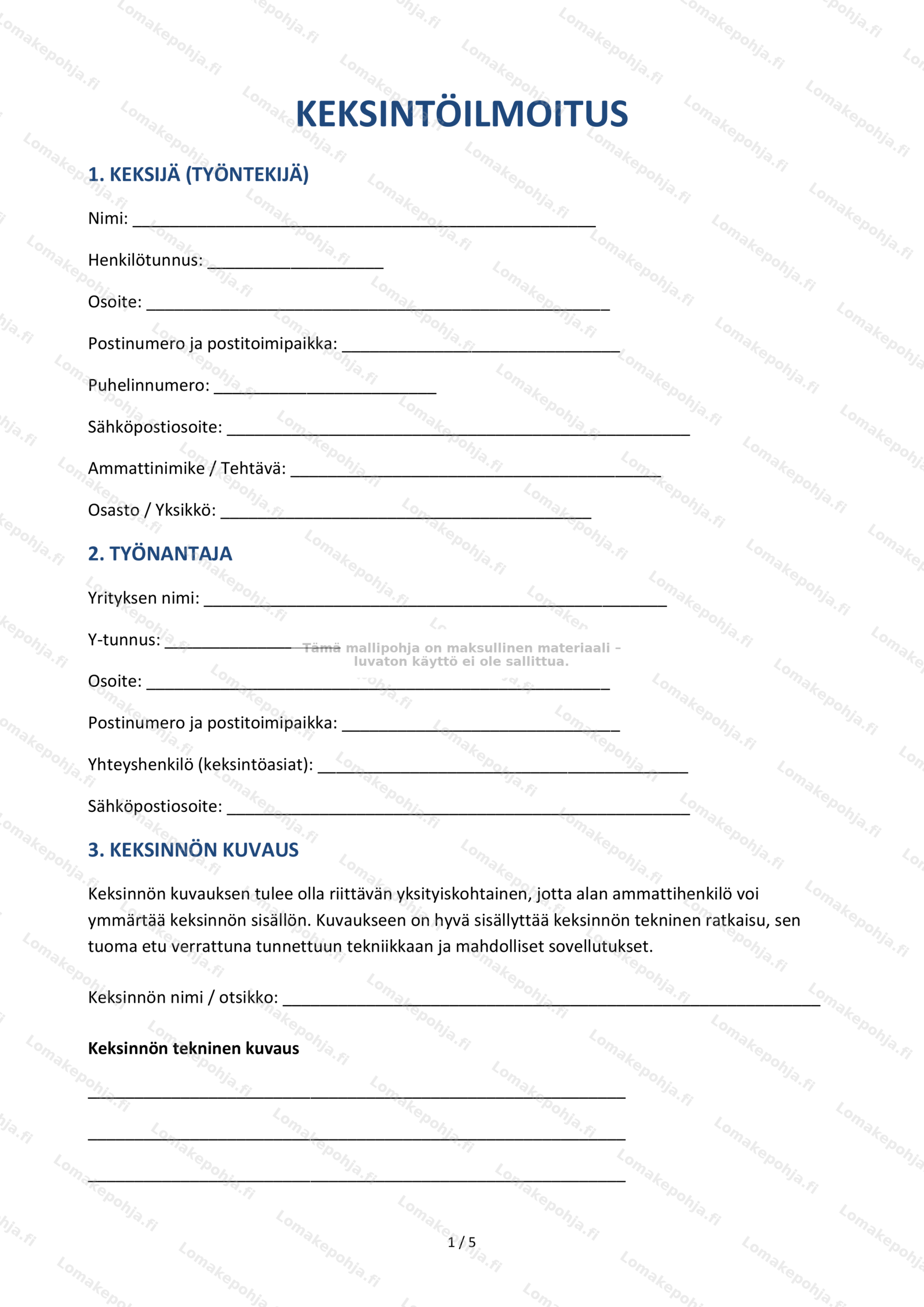 Keksintöilmoitus — Muokattava lomakepohja