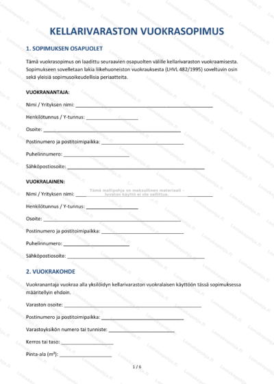 Kellarivaraston vuokrasopimuksen ensimmäinen sivu, skannattu asiakirja.
