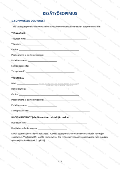 Kesätyösopimuksen ensimmäinen sivu (skaalattu).