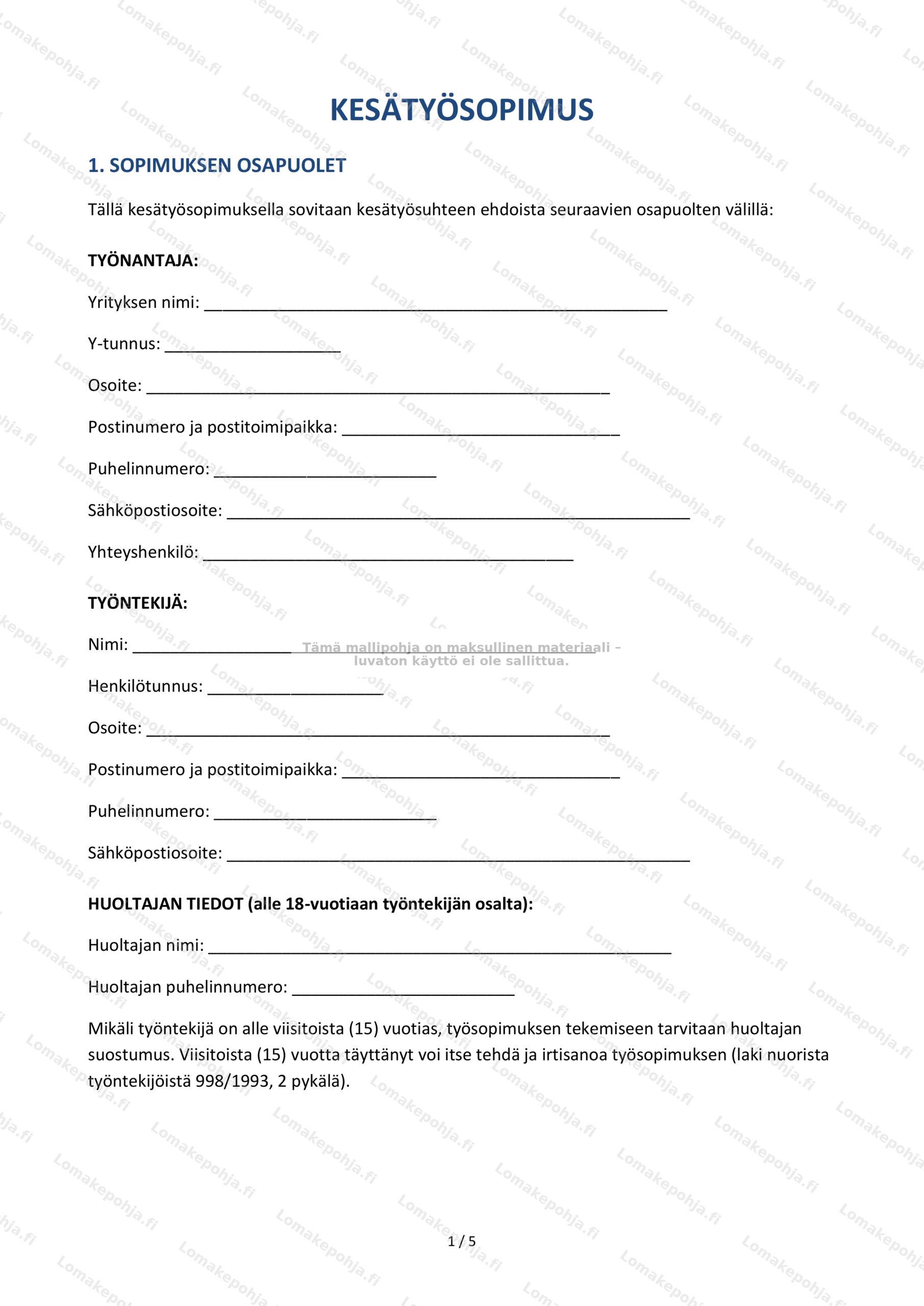Kesätyösopimus | Sopimusmalli