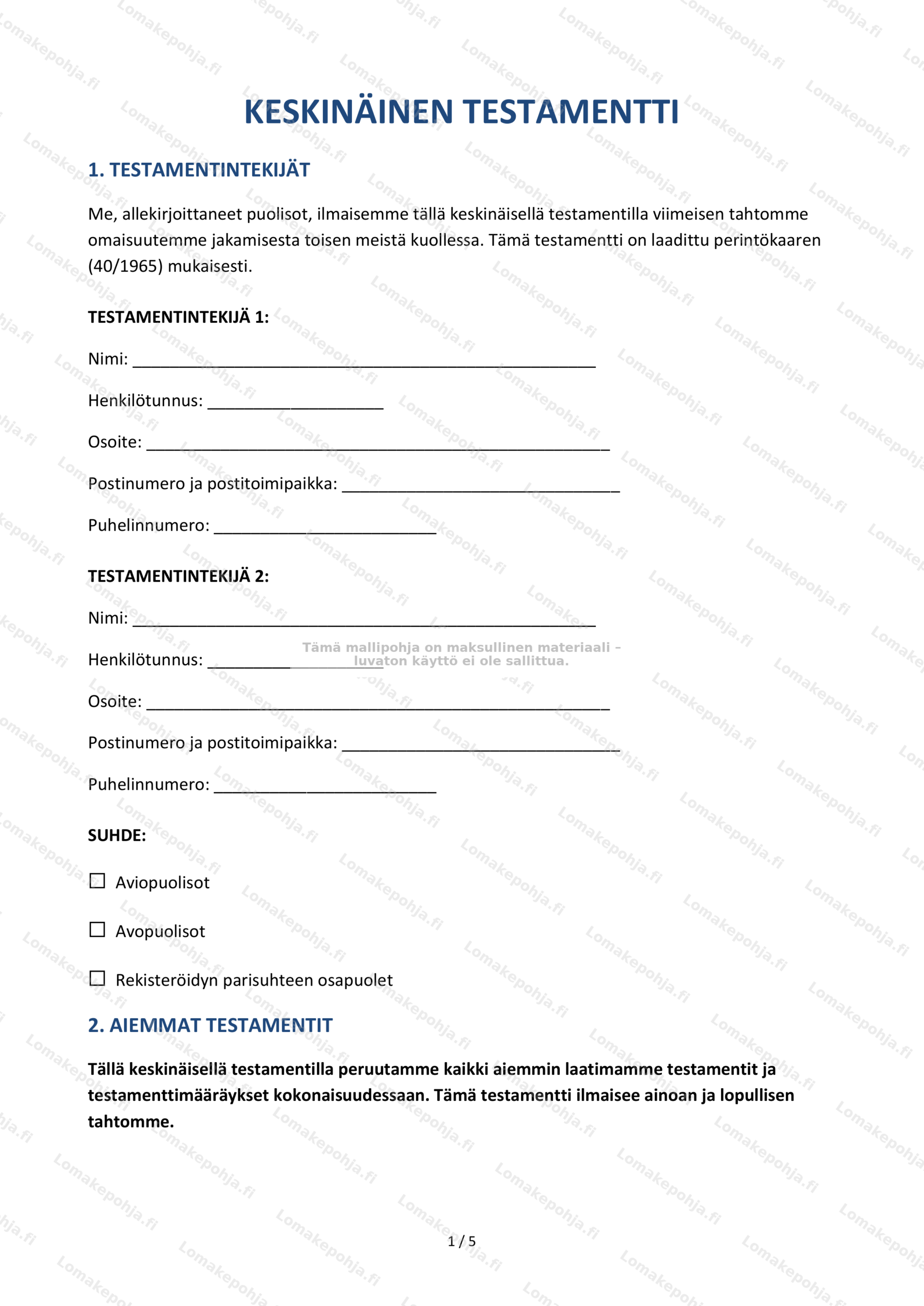 Keskinäinen testamentti – Mallipohja