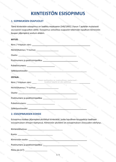 Kiinteistön esisopimuksen ensimmäinen sivu, skaalattu.