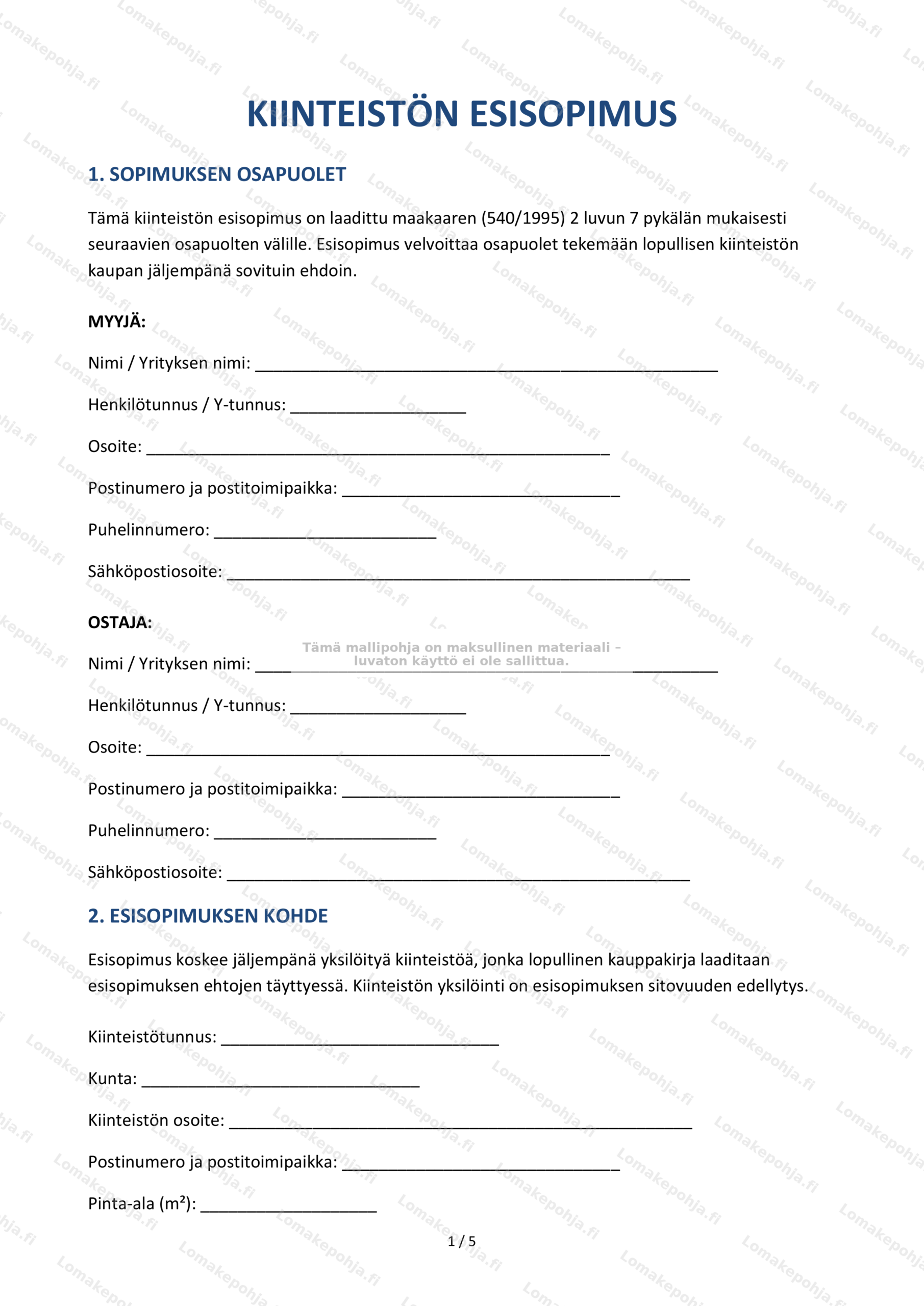Kiinteistön esisopimus – Tulostettava mallipohja